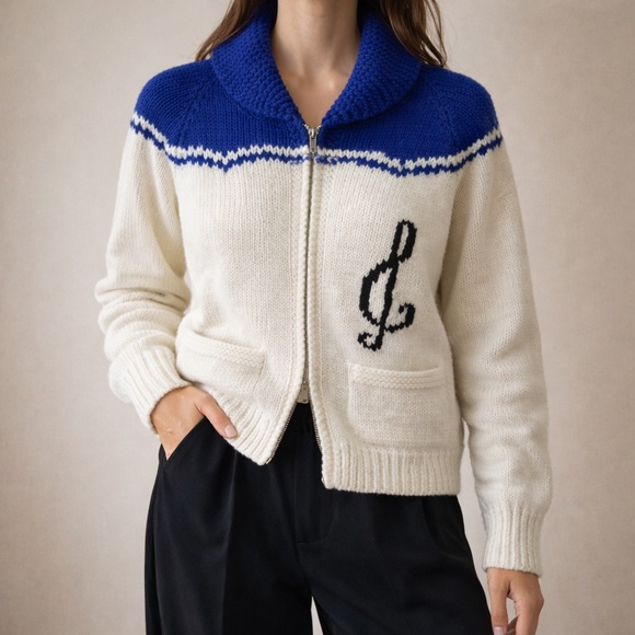 Vintage Sweaters - Vintage 70s Cowichan Blue and White Zip-Up Cardigan Music Dancer Size Medium